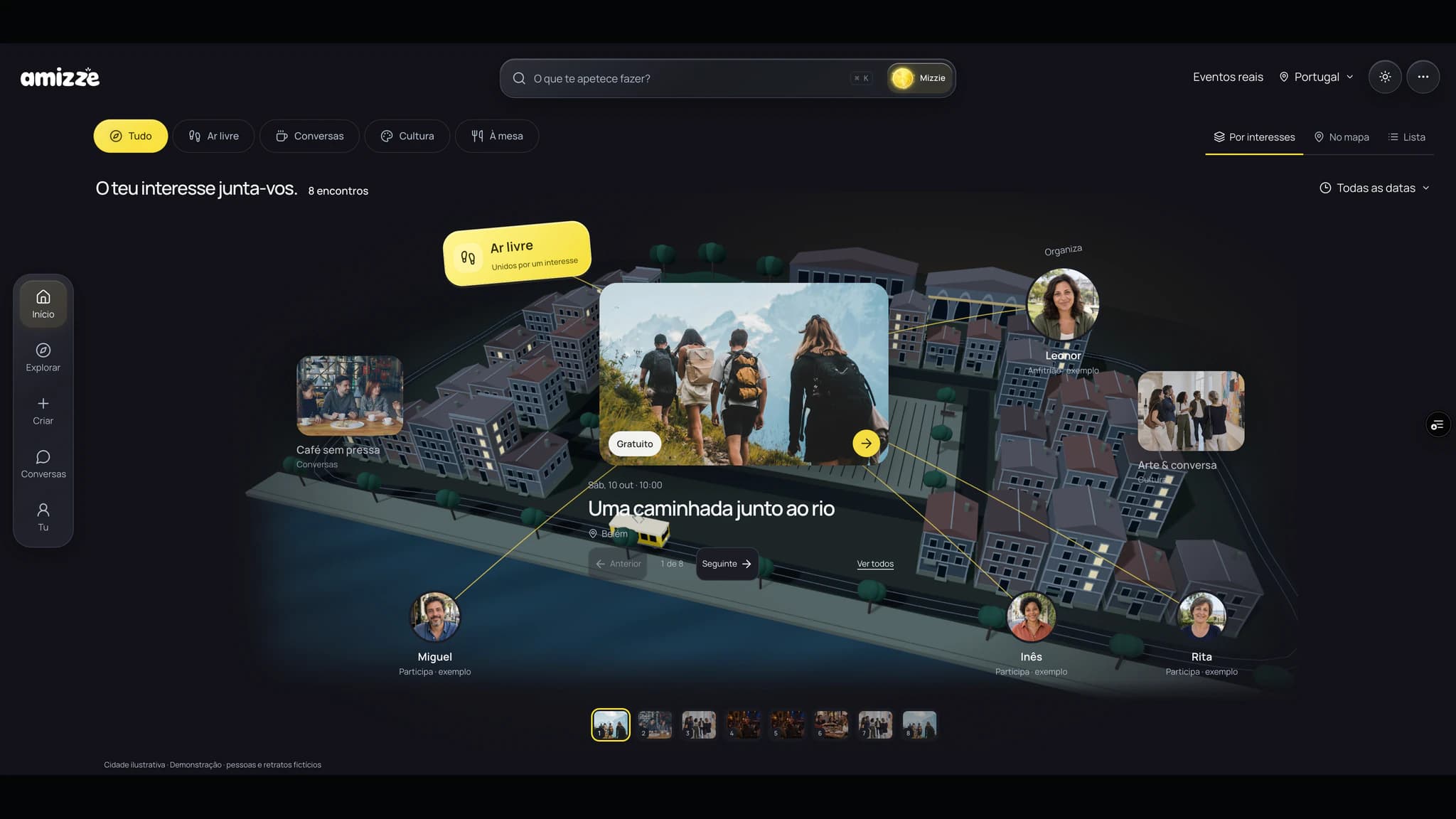 Amizze homepage showing shared-interest meetings over an illustrative three-dimensional city.