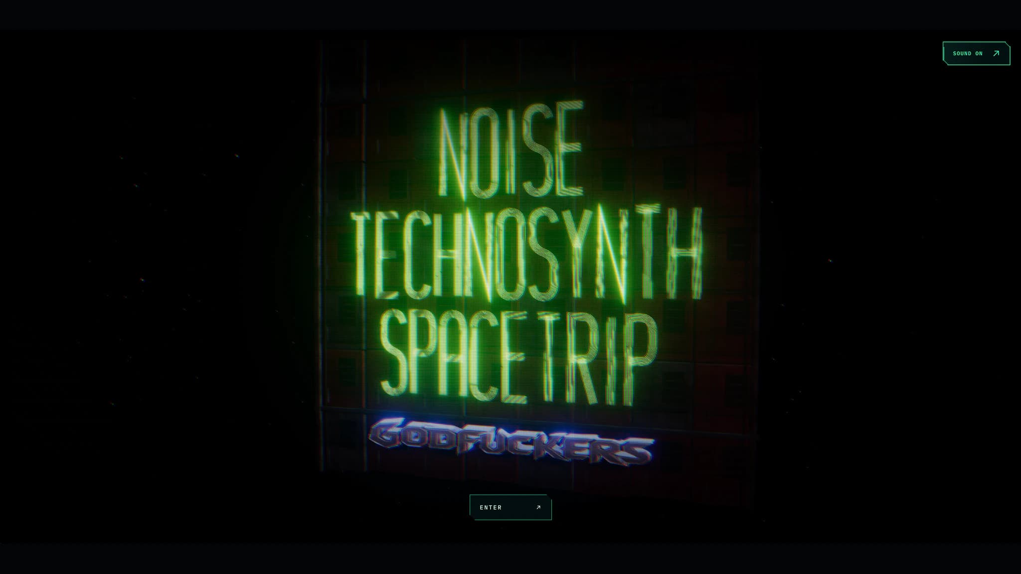 Godfckrs homepage with a luminous green Noise, Technosynth and Space Trip introduction.