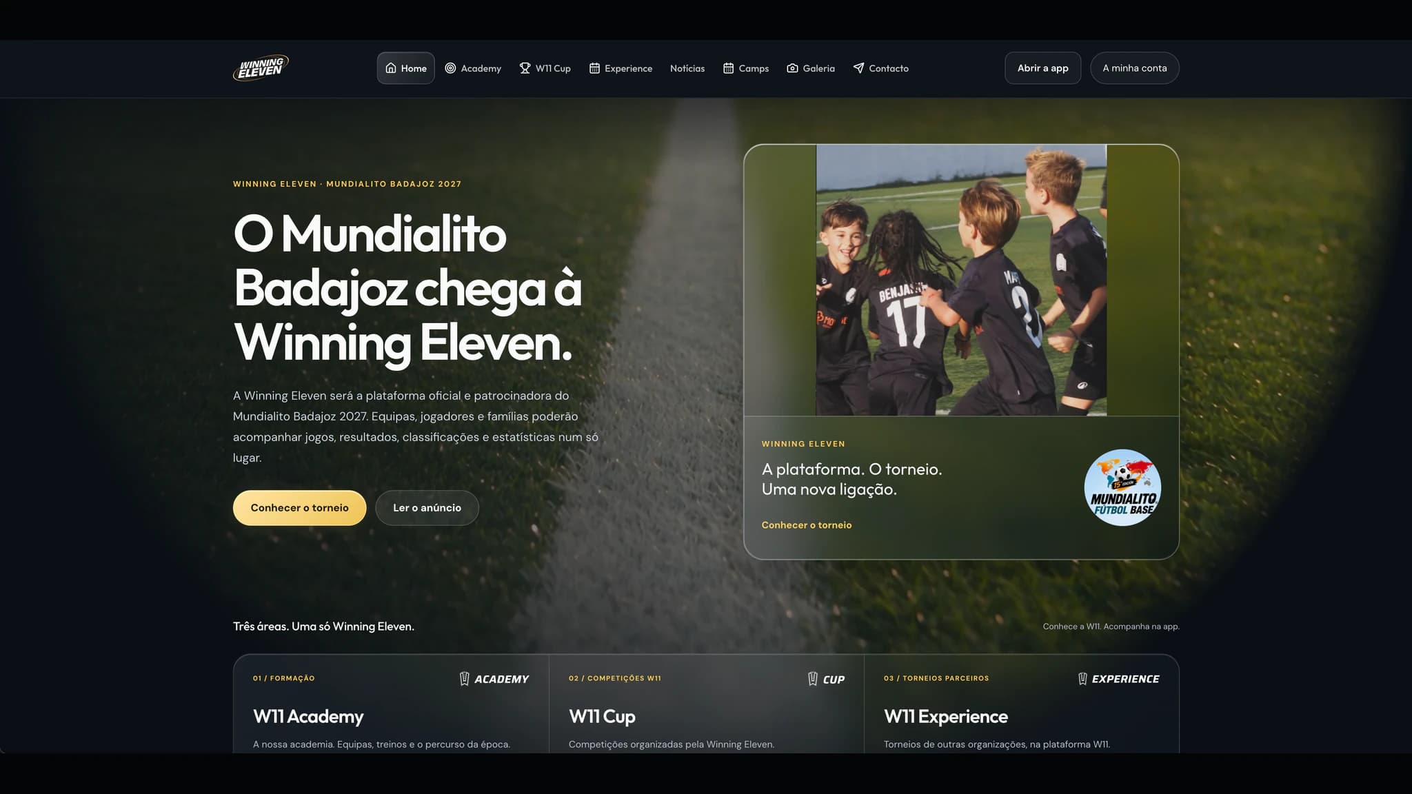 WinningEleven homepage announcing Mundialito Badajoz 2027 with its youth-football platform and players.